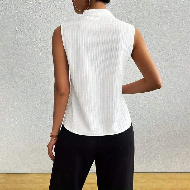 Women’s striped blouse with V-neckline, stand collar, and sleeveless design, suitable for office wear, business casual outfits, and everyday styling.