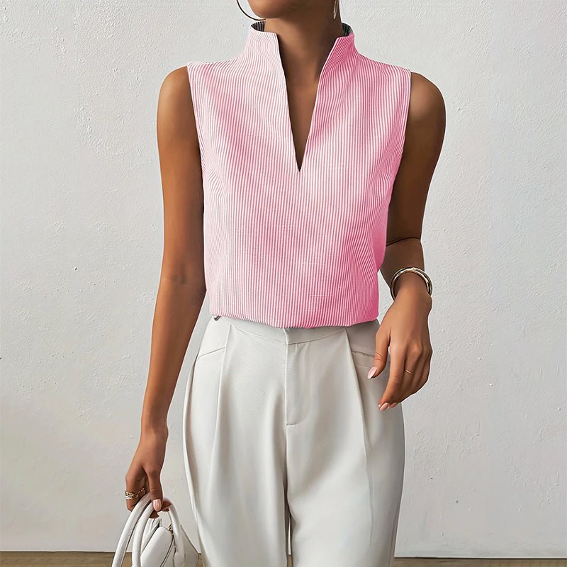 Women’s striped blouse with V-neckline, stand collar, and sleeveless design, suitable for office wear, business casual outfits, and everyday styling.