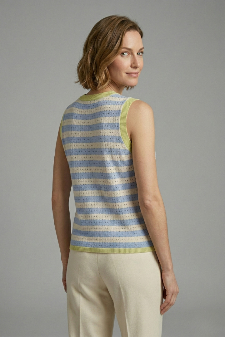Women’s sleeveless knit top with round neckline, striped pattern, and ribbed details, suitable for casual wear and layering.