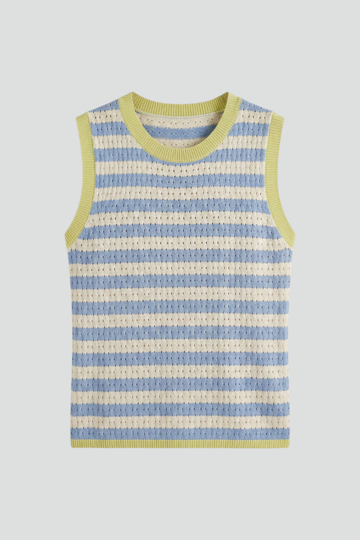 Women’s sleeveless knit top with round neckline, striped pattern, and ribbed details, suitable for casual wear and layering.