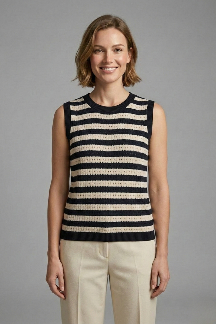 Women’s sleeveless knit top with round neckline, striped pattern, and ribbed details, suitable for casual wear and layering.