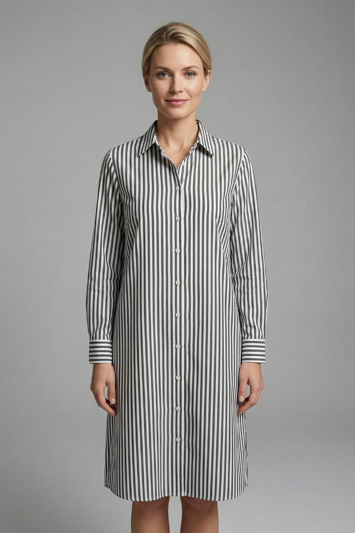 Women’s striped shirt dress with collared neckline, button front, and rolled sleeves, ideal for casual outfits and smart everyday styling.