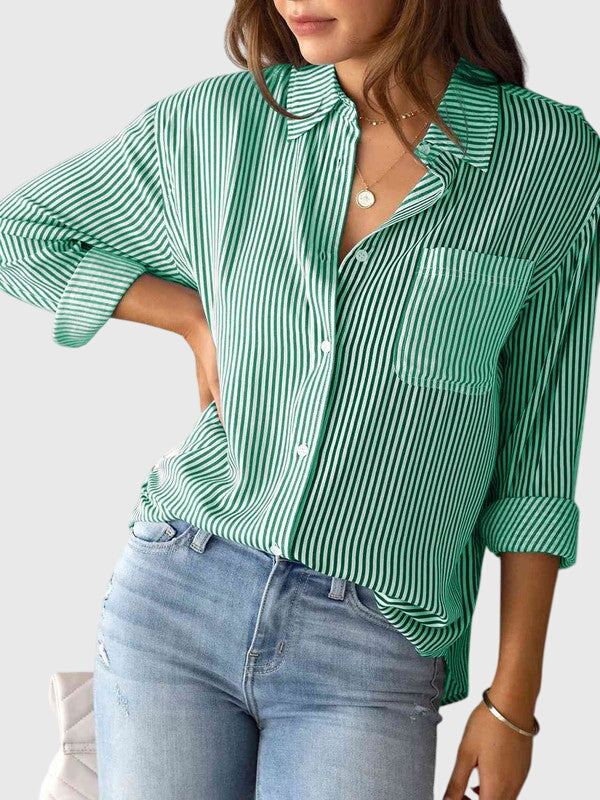 Women’s striped shirt with a collared neckline, button closure, and tailored fit, ideal for office wear, casual outings, and smart-casual occasions.
