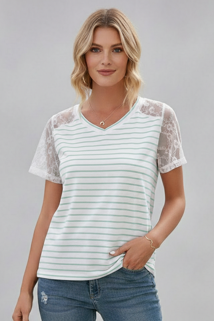 Women’s striped T-shirt with round neckline and lace sleeve detailing, ideal for casual everyday wear and versatile styling.