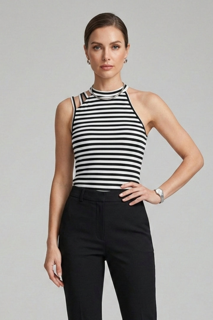 Women’s tank top with high neckline and striped ribbed texture, designed for casual wear and summer outfits