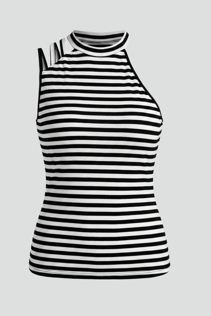 Women’s tank top with high neckline and striped ribbed texture, designed for casual wear and summer outfits