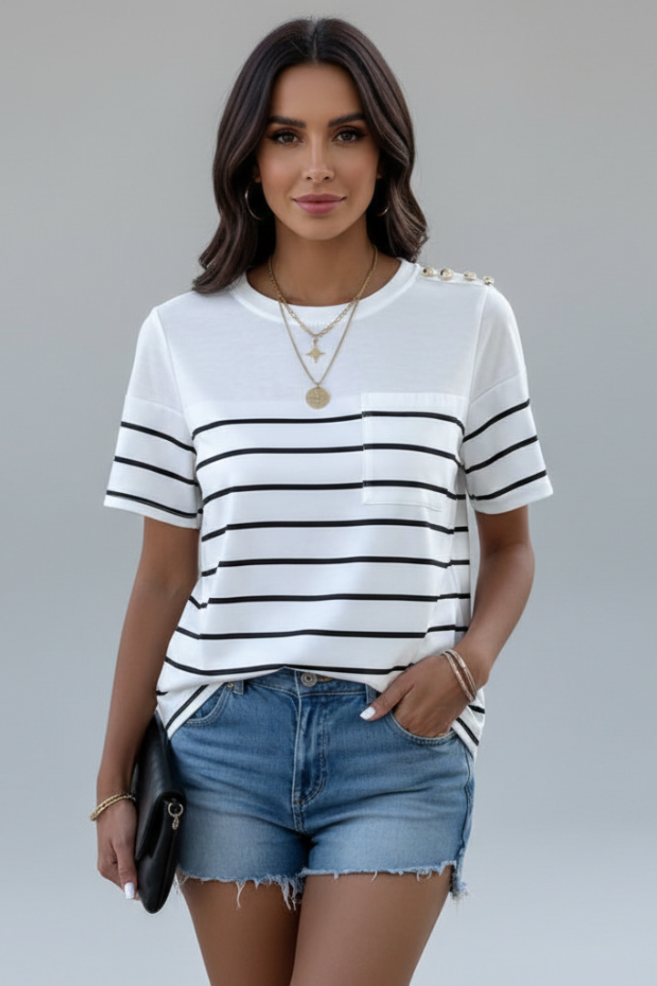 Women’s striped T-shirt with round neckline and shoulder button detail, suitable for everyday wear and casual outfits.