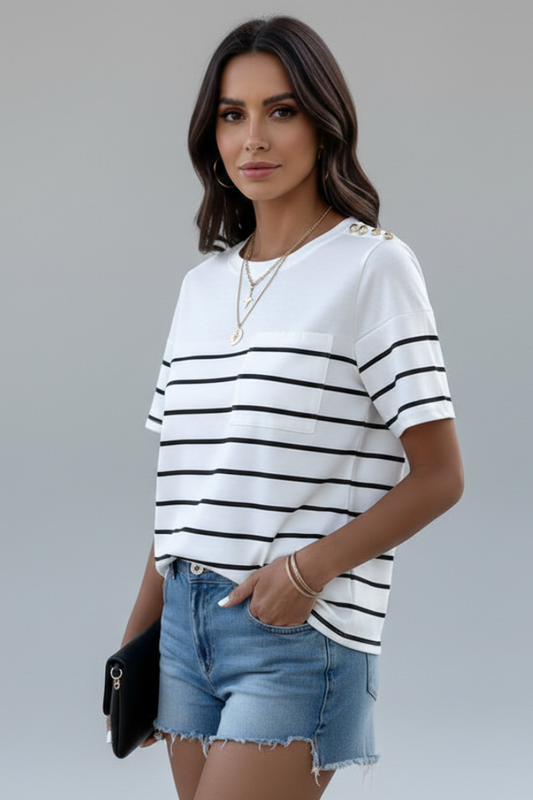Women’s striped T-shirt with round neckline and shoulder button detail, suitable for everyday wear and casual outfits.