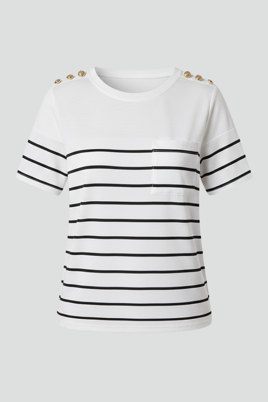Women’s striped T-shirt with round neckline and shoulder button detail, suitable for everyday wear and casual outfits.