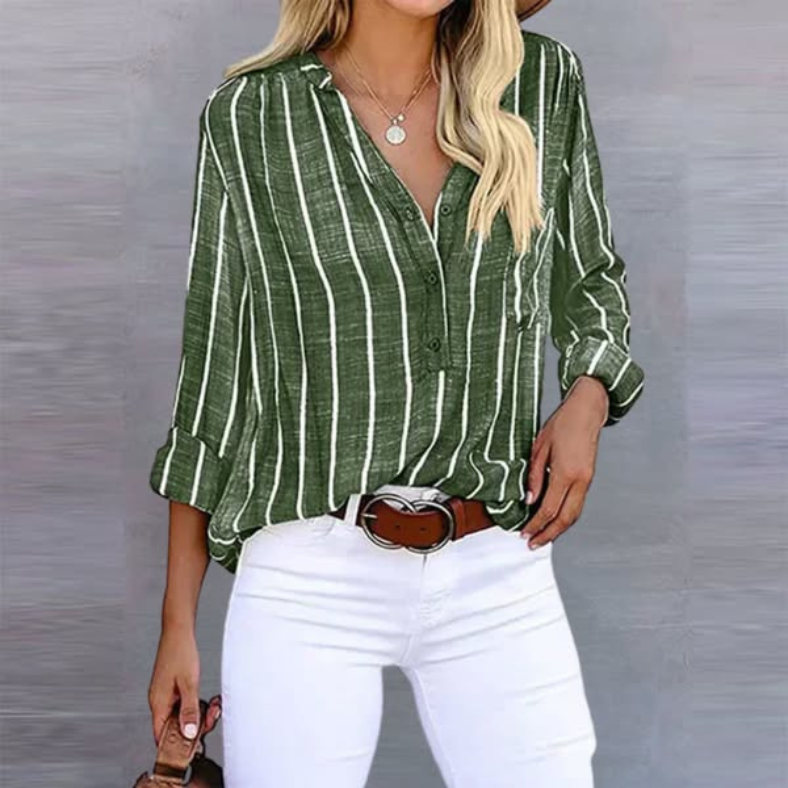 Women’s striped top with button-front closure, long sleeves, and relaxed fit, suitable for casual outings, workdays, and everyday styling.