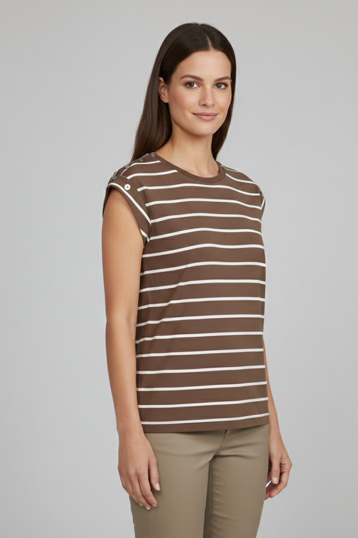 Women’s T-shirt with cap sleeves and horizontal striped pattern, designed for everyday wear and casual summer styling.