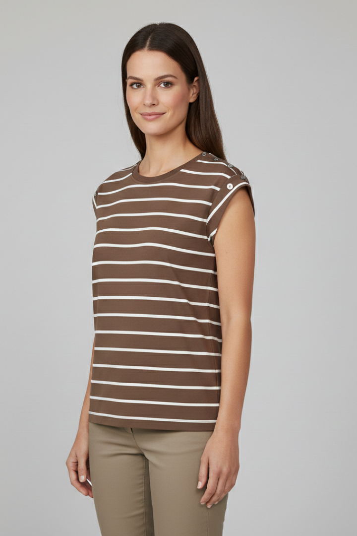Women’s T-shirt with cap sleeves and horizontal striped pattern, designed for everyday wear and casual summer styling.