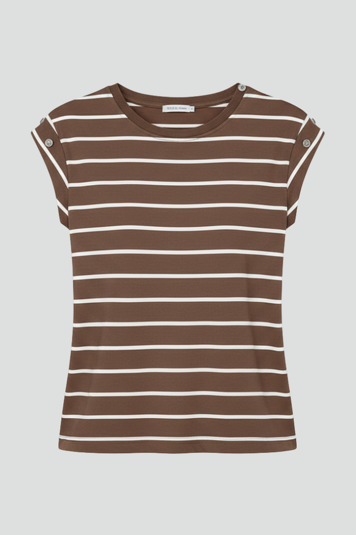 Women’s T-shirt with cap sleeves and horizontal striped pattern, designed for everyday wear and casual summer styling.