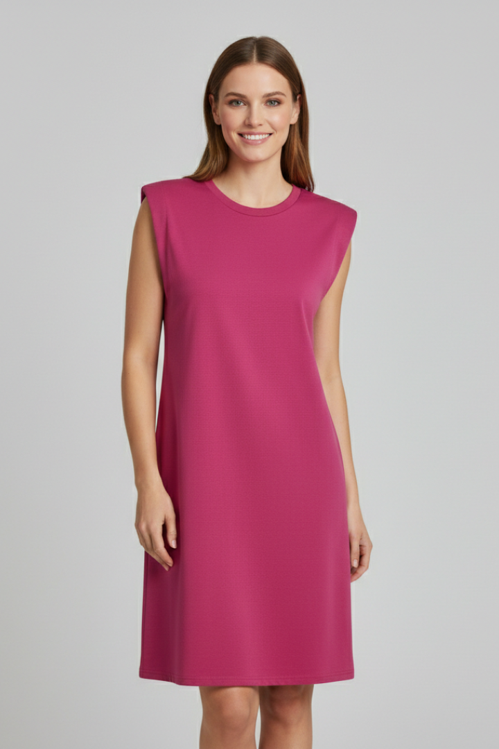 Women’s sleeveless T-shirt dress with shoulder pads, round neckline, and straight hem, suitable for casual wear and modern everyday styling.