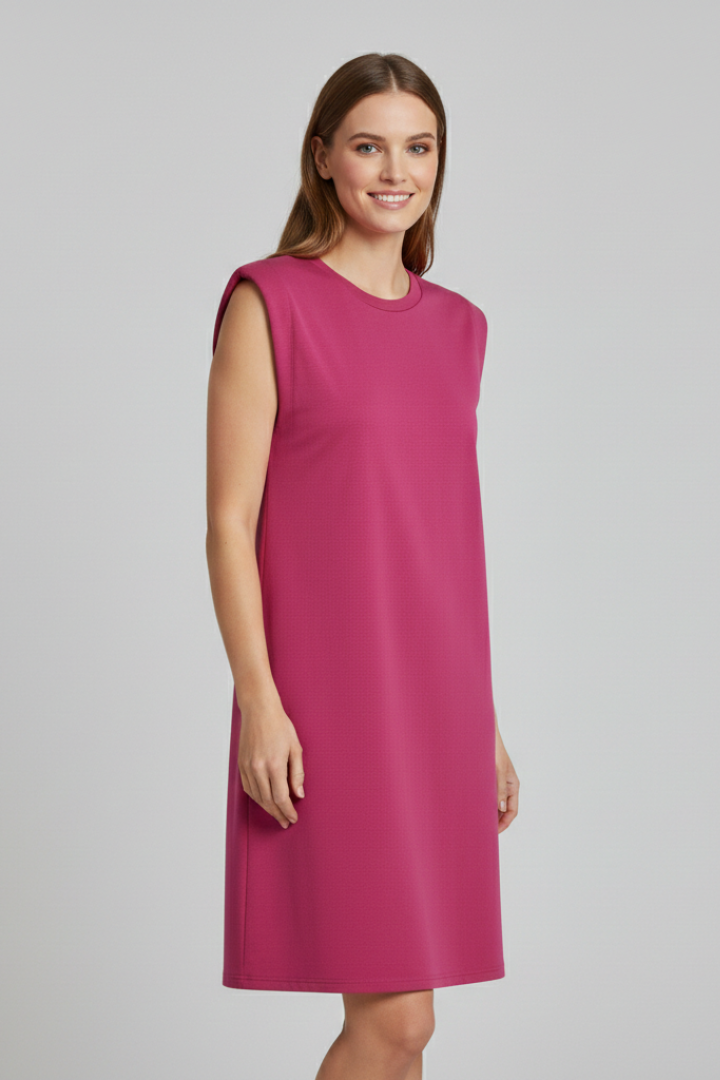 Women’s sleeveless T-shirt dress with shoulder pads, round neckline, and straight hem, suitable for casual wear and modern everyday styling.