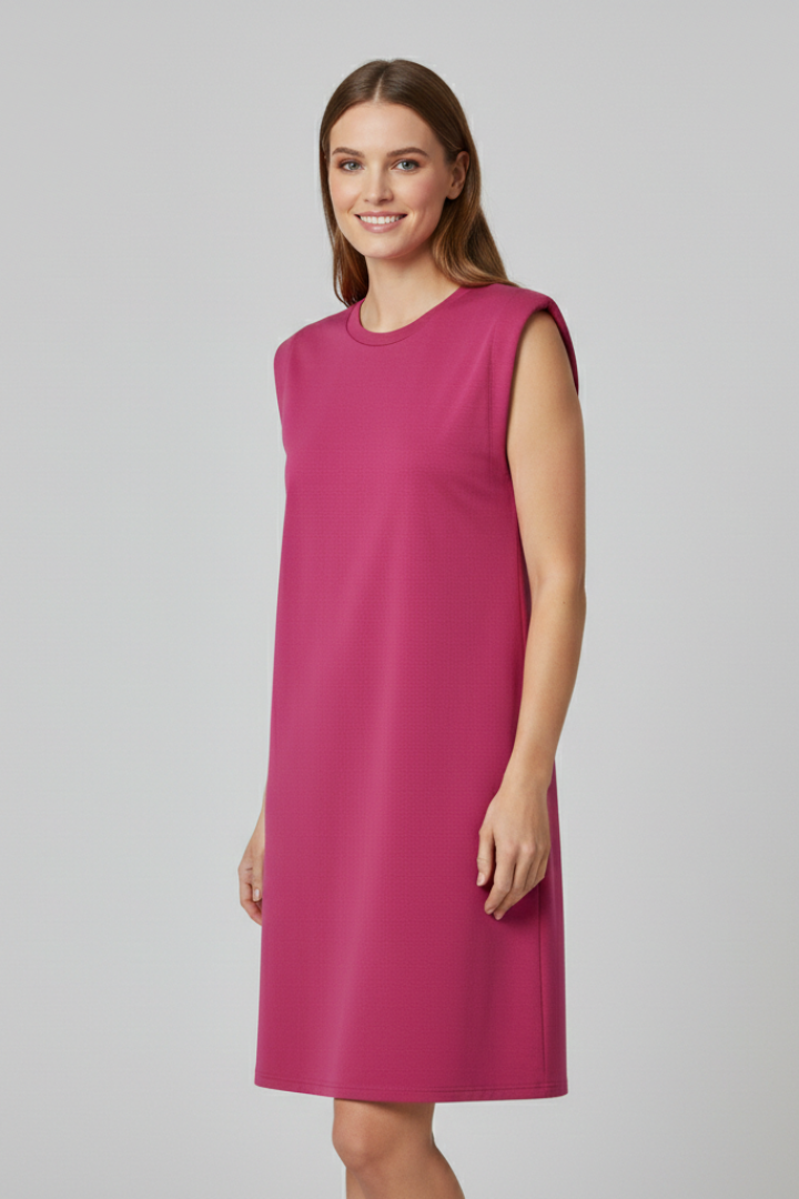 Women’s sleeveless T-shirt dress with shoulder pads, round neckline, and straight hem, suitable for casual wear and modern everyday styling.
