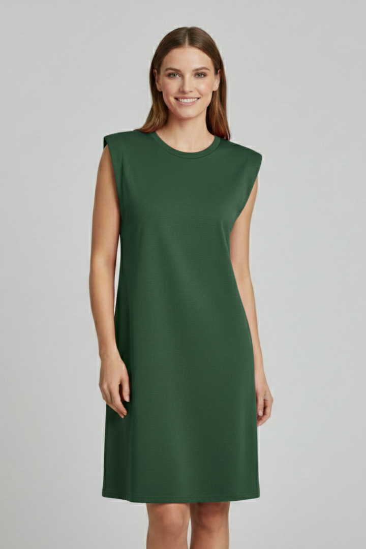 Women’s sleeveless T-shirt dress with shoulder pads, round neckline, and straight hem, suitable for casual wear and modern everyday styling.