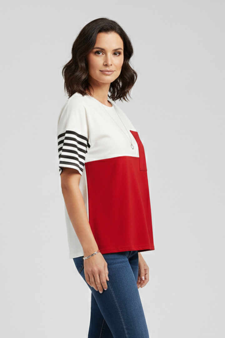 Women’s T-shirt with striped sleeves and chest pocket detail, featuring a color block design for everyday casual wear.