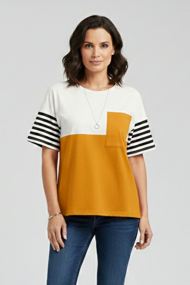 Women’s T-shirt with striped sleeves and chest pocket detail, featuring a color block design for everyday casual wear.