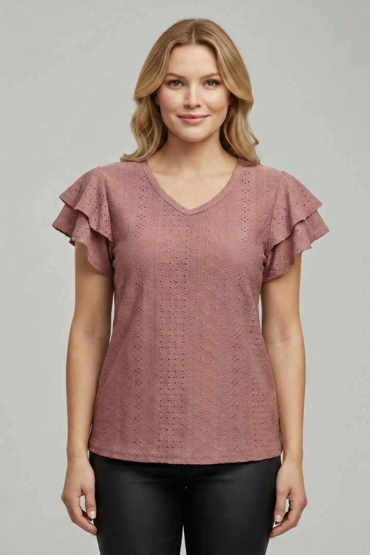 Women’s T-shirt with V-neckline and textured eyelet pattern, featuring ruffle sleeves for everyday casual and summer styling.