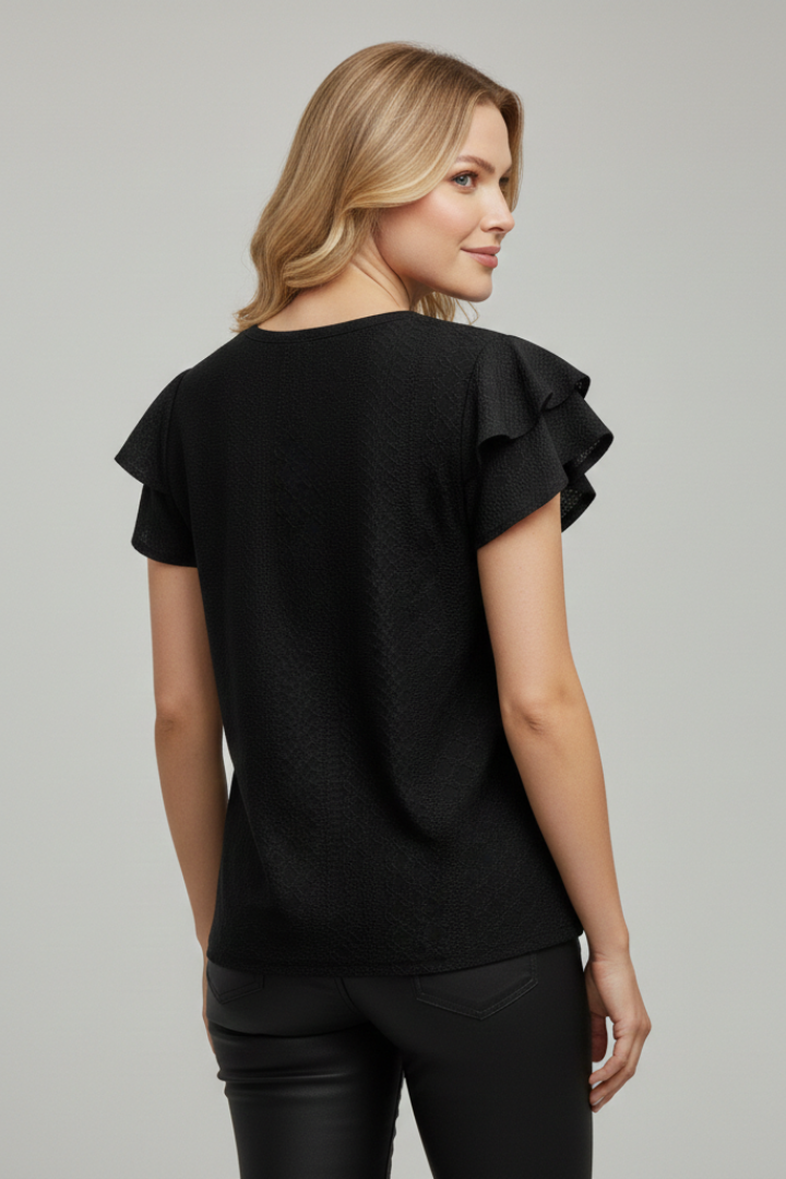 Women’s T-shirt with V-neckline and textured eyelet pattern, featuring ruffle sleeves for everyday casual and summer styling.