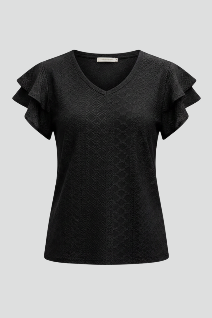 Women’s T-shirt with V-neckline and textured eyelet pattern, featuring ruffle sleeves for everyday casual and summer styling.