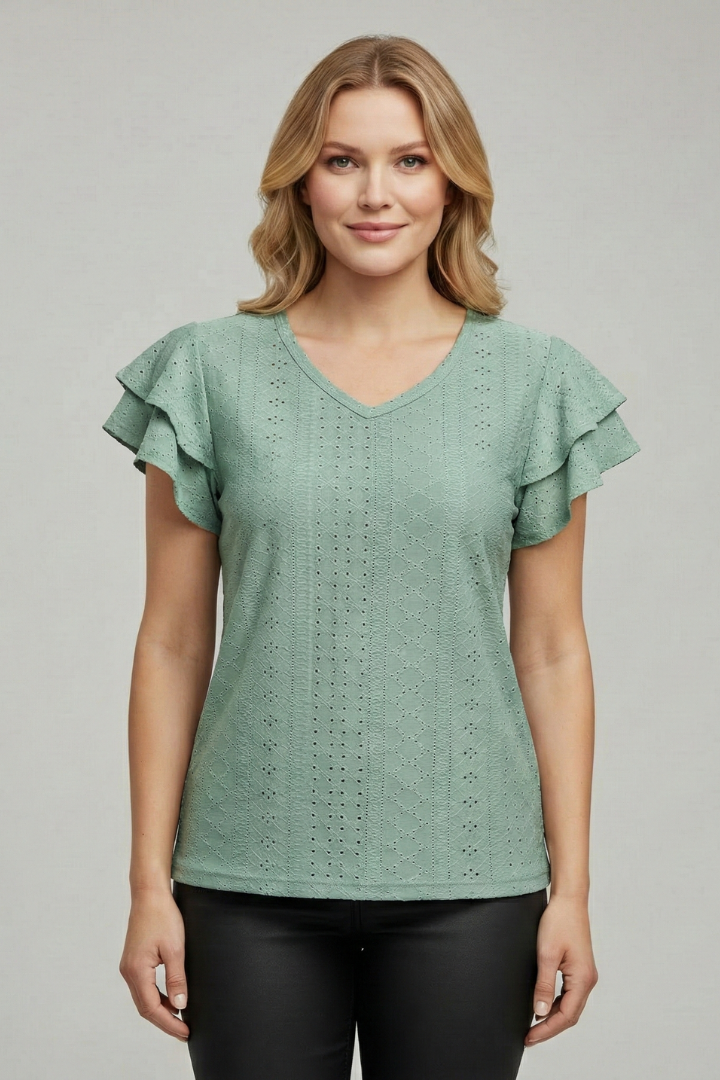 Women’s T-shirt with V-neckline and textured eyelet pattern, featuring ruffle sleeves for everyday casual and summer styling.