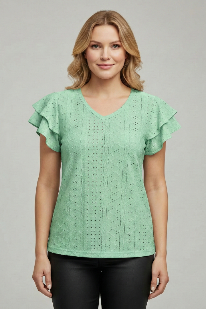 Women’s T-shirt with V-neckline and textured eyelet pattern, featuring ruffle sleeves for everyday casual and summer styling.