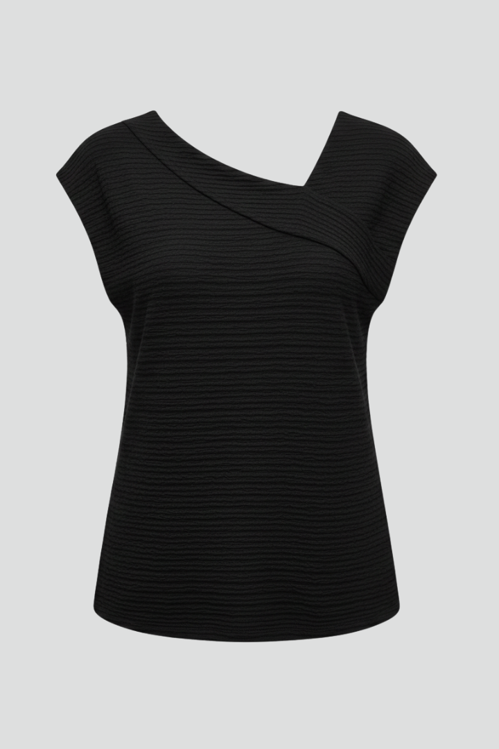 Women’s short sleeve T-shirt with asymmetric neckline and fine textured surface, suitable for everyday wear and casual styling.