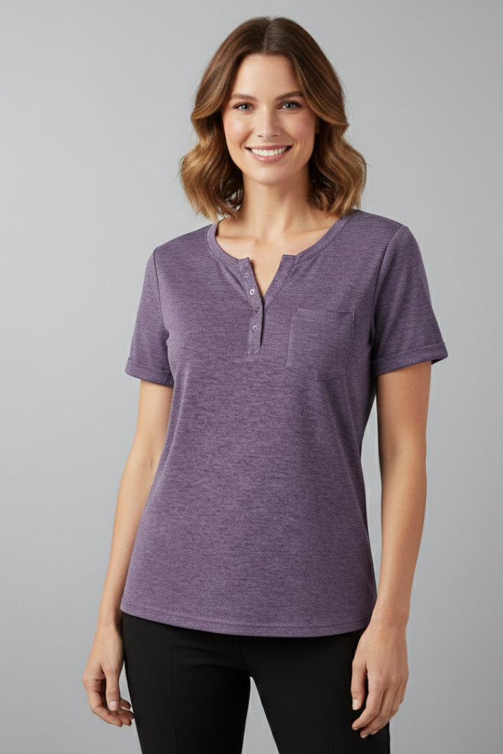 Women’s loose-fit T-shirt with round neckline, front button placket, and curved hem, suitable for casual wear and everyday styling.