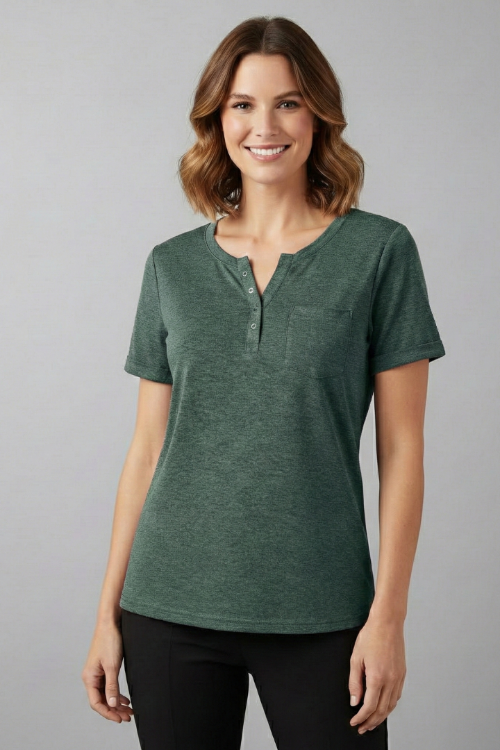 Women’s loose-fit T-shirt with round neckline, front button placket, and curved hem, suitable for casual wear and everyday styling.