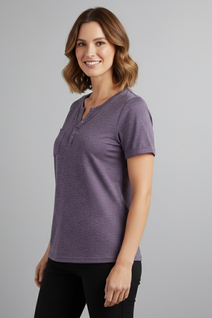 Women’s loose-fit T-shirt with round neckline, front button placket, and curved hem, suitable for casual wear and everyday styling.