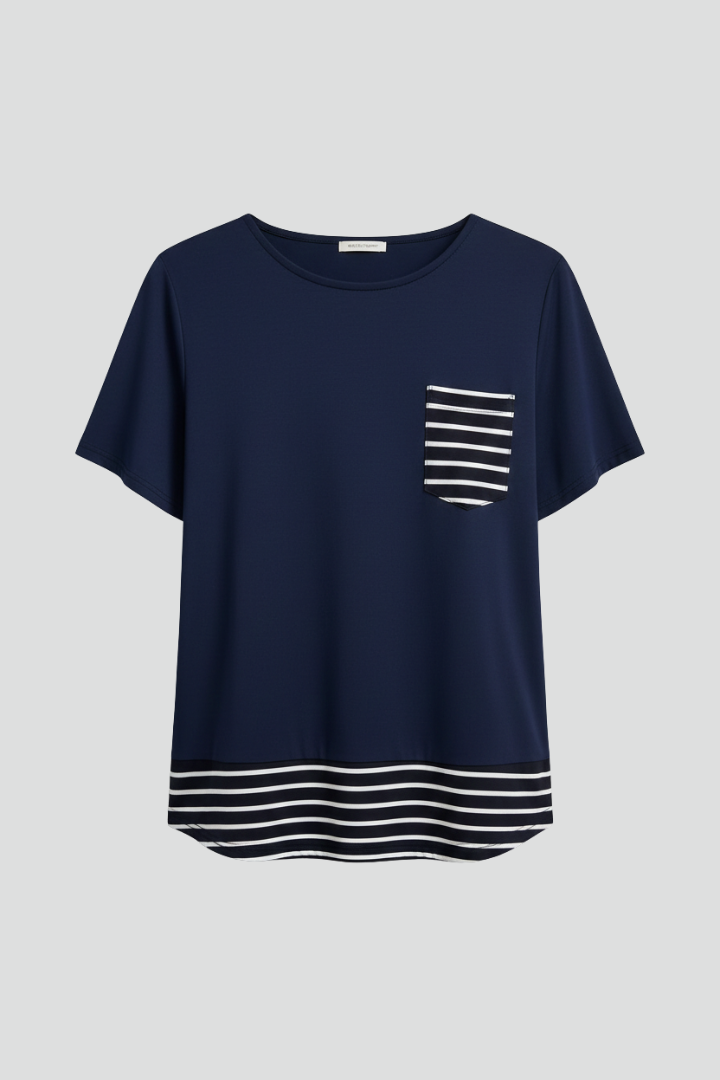 Women’s short sleeve T-shirt with round neckline, chest pocket, and striped hem detail, suitable for everyday wear and casual styling.