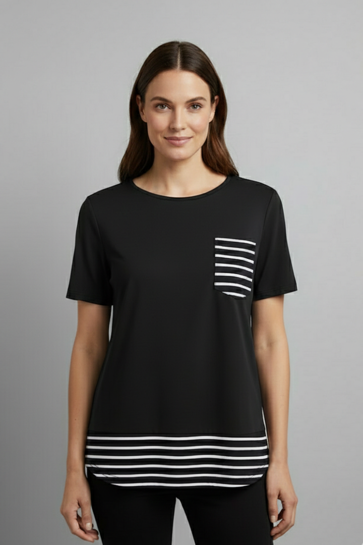 Women’s short sleeve T-shirt with round neckline, chest pocket, and striped hem detail, suitable for everyday wear and casual styling.