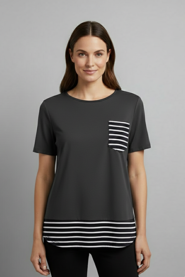 Women’s short sleeve T-shirt with round neckline, chest pocket, and striped hem detail, suitable for everyday wear and casual styling.