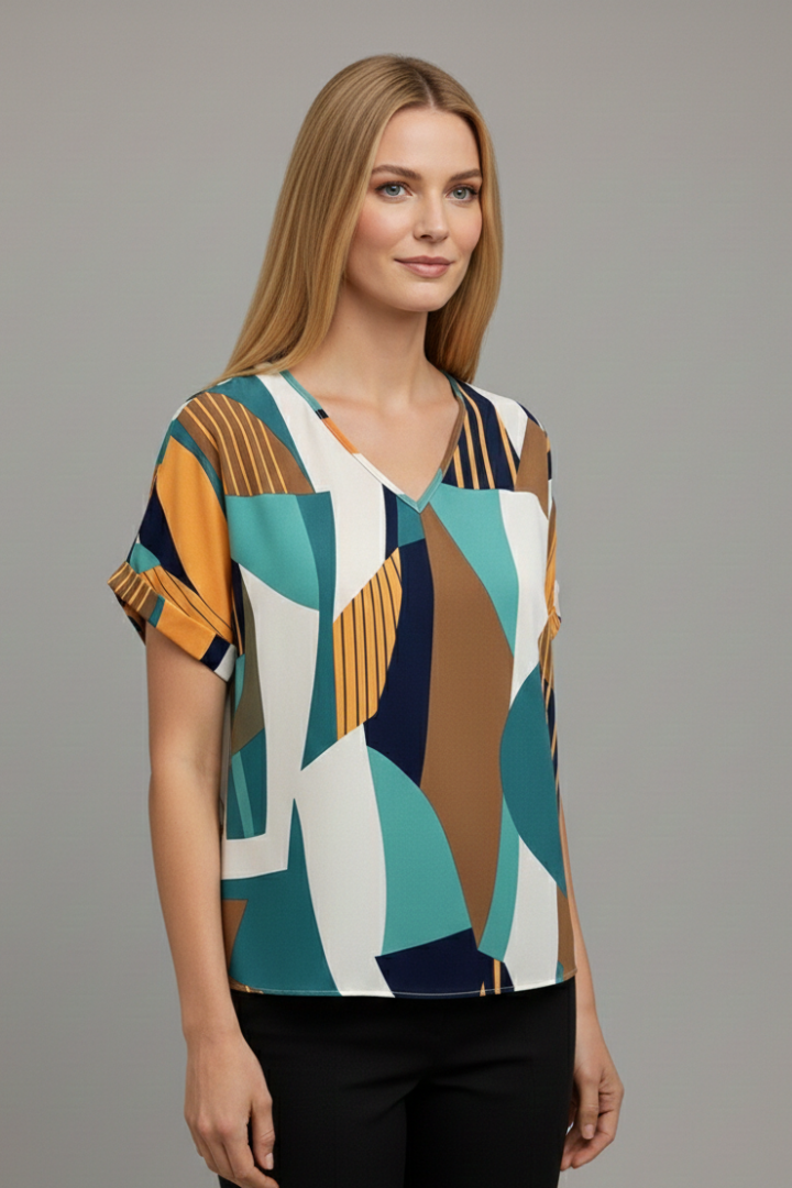 Women’s short sleeve T-shirt with V-neckline and all-over geometric pattern, suitable for casual wear and everyday styling.