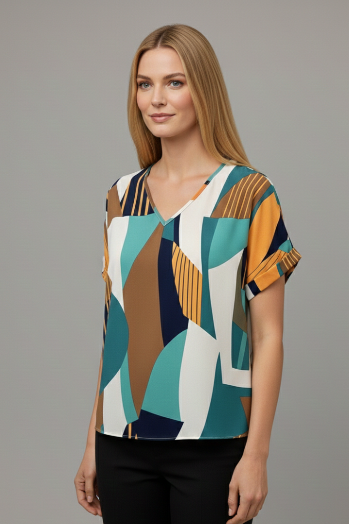 Women’s short sleeve T-shirt with V-neckline and all-over geometric pattern, suitable for casual wear and everyday styling.