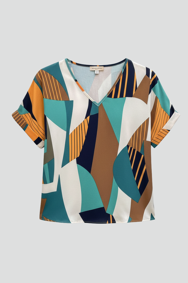 Women’s short sleeve T-shirt with V-neckline and all-over geometric pattern, suitable for casual wear and everyday styling.