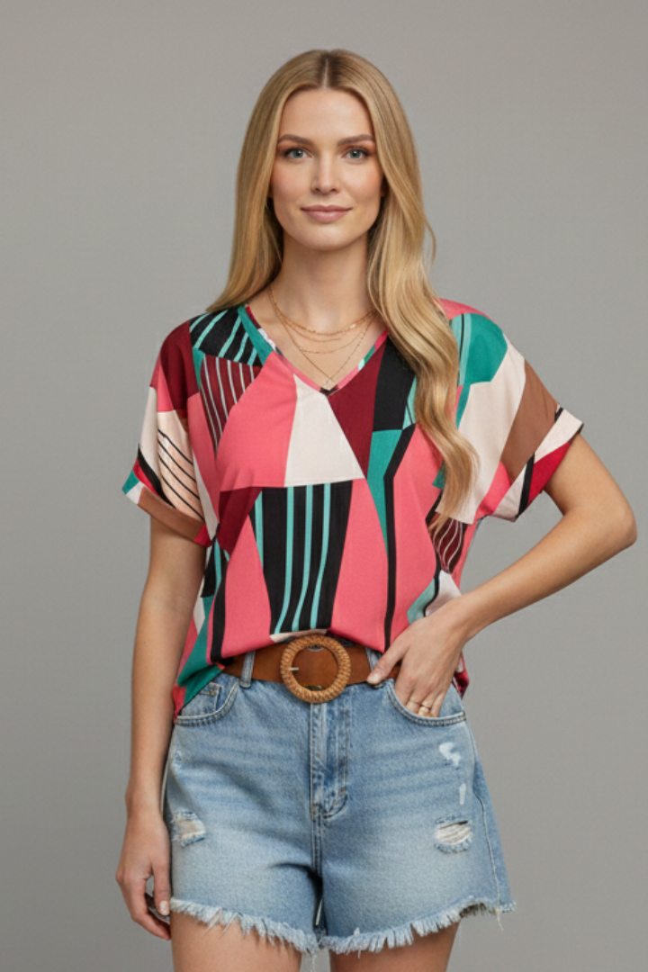 Women’s short sleeve T-shirt with V-neckline and all-over geometric pattern, suitable for casual wear and everyday styling.