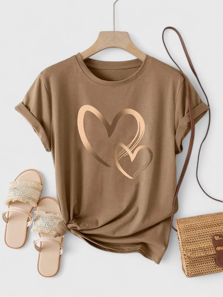 Women’s T-shirt with a twin heart graphic print, relaxed fit, and rolled sleeves, ideal for everyday wear and casual styling.
