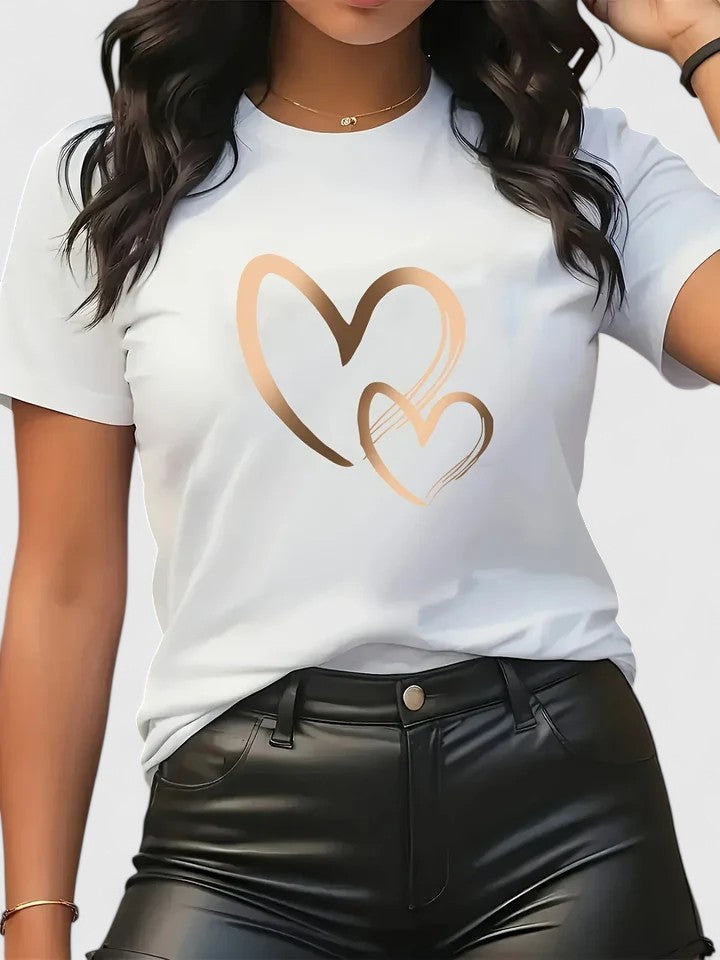 Women’s T-shirt with a twin heart graphic print, relaxed fit, and rolled sleeves, ideal for everyday wear and casual styling.