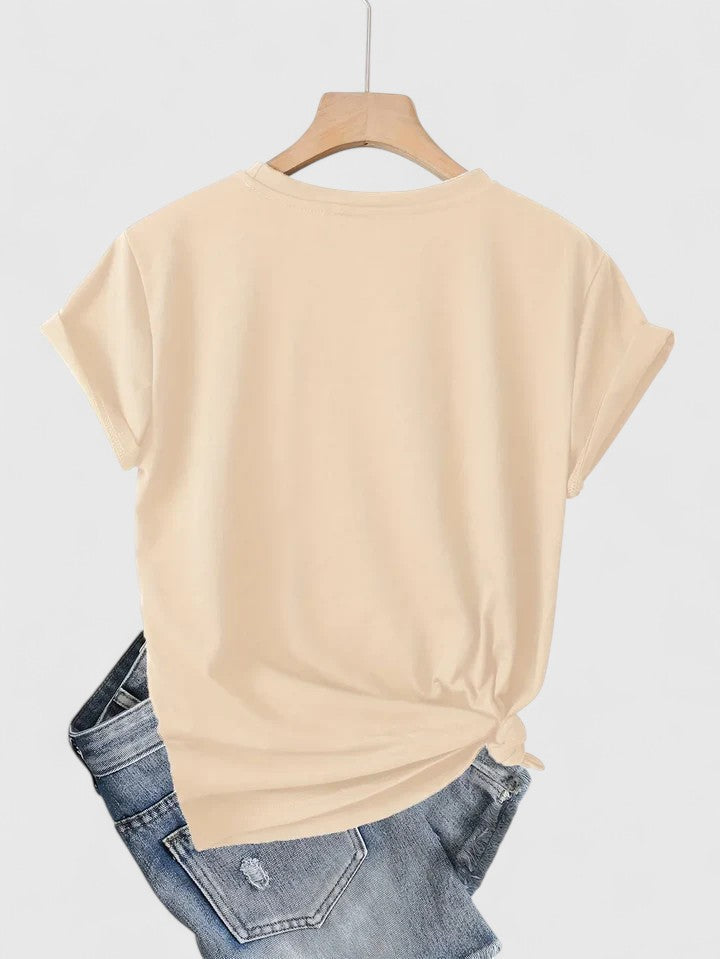 Women’s T-shirt with a twin heart graphic print, relaxed fit, and rolled sleeves, ideal for everyday wear and casual styling.