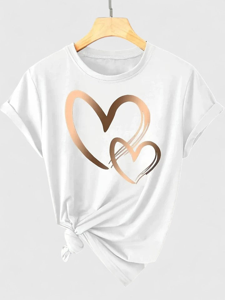 Women’s T-shirt with a twin heart graphic print, relaxed fit, and rolled sleeves, ideal for everyday wear and casual styling.