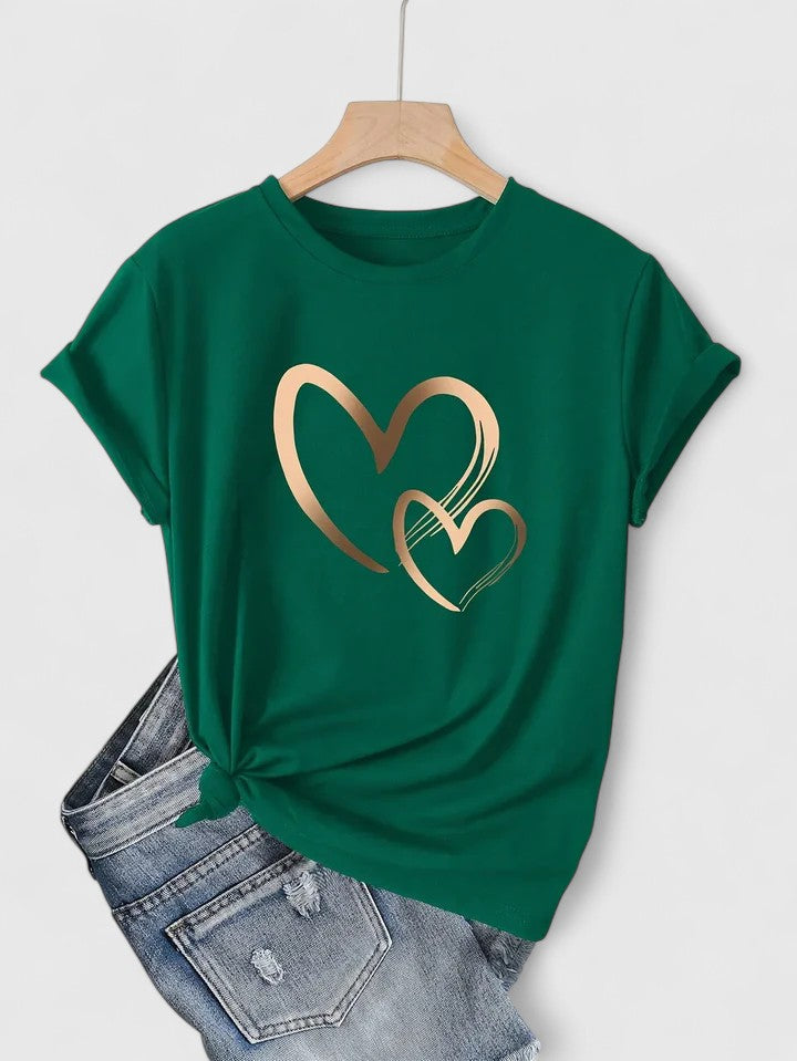 Women’s T-shirt with a twin heart graphic print, relaxed fit, and rolled sleeves, ideal for everyday wear and casual styling.