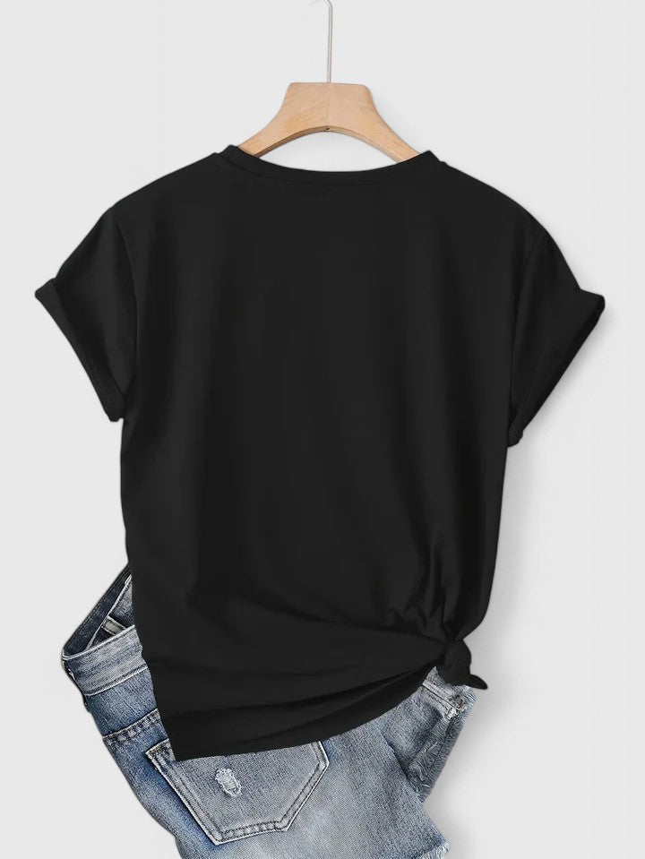 Women’s T-shirt with a twin heart graphic print, relaxed fit, and rolled sleeves, ideal for everyday wear and casual styling.
