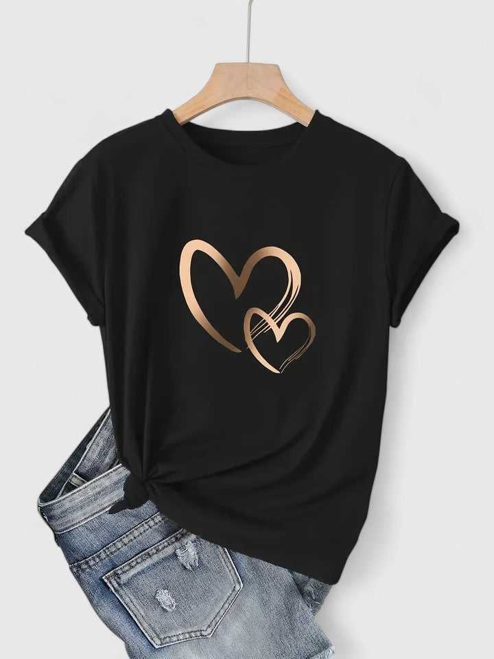 Women’s T-shirt with a twin heart graphic print, relaxed fit, and rolled sleeves, ideal for everyday wear and casual styling.