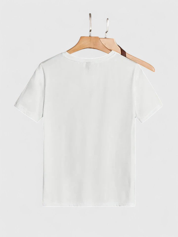 Women’s T-shirt with a twin heart graphic print, relaxed fit, and rolled sleeves, ideal for everyday wear and casual styling.