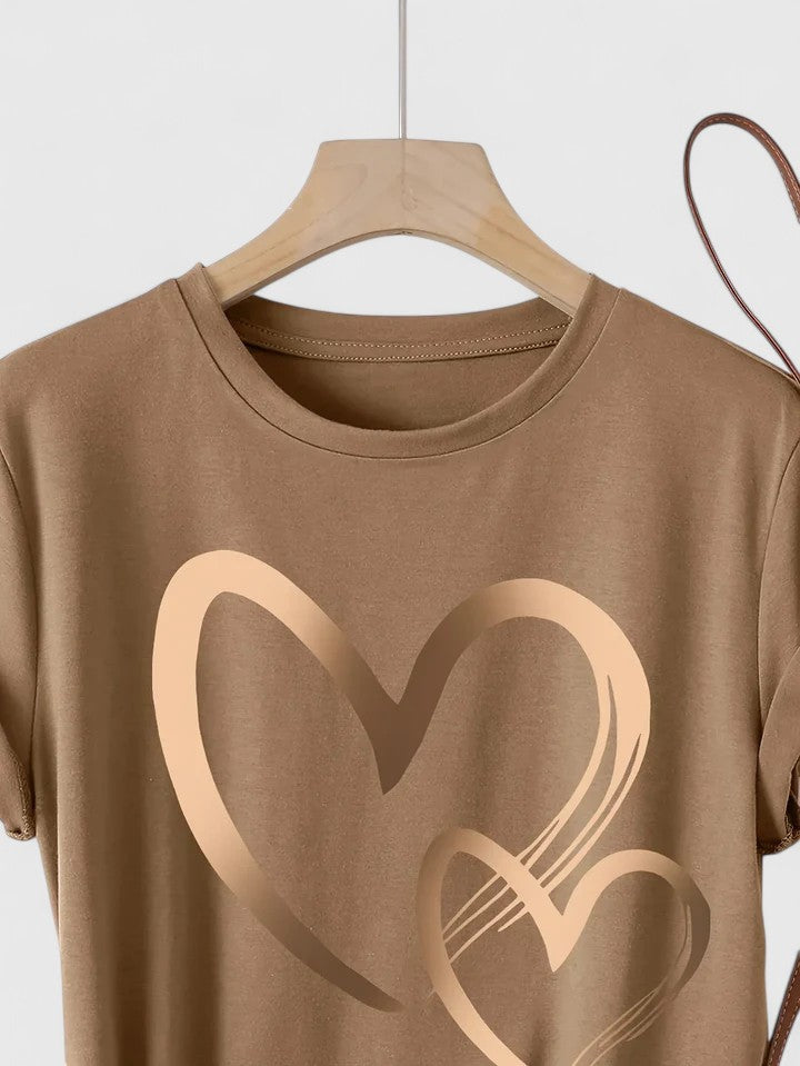Women’s T-shirt with a twin heart graphic print, relaxed fit, and rolled sleeves, ideal for everyday wear and casual styling.