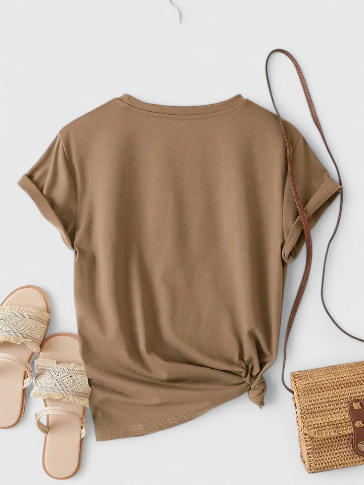 Women’s T-shirt with a twin heart graphic print, relaxed fit, and rolled sleeves, ideal for everyday wear and casual styling.