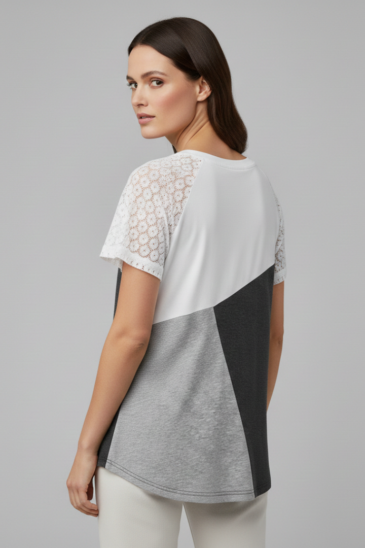 Women’s round neck T-shirt with lace sleeves and geometric color block panel, suitable for everyday wear and casual styling.